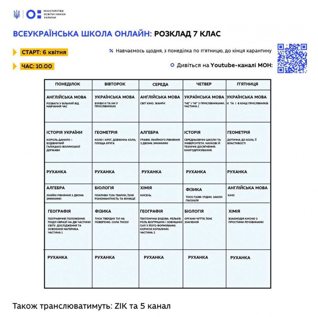 Всеукраинская школа онлайн: Расписание для 7 класса