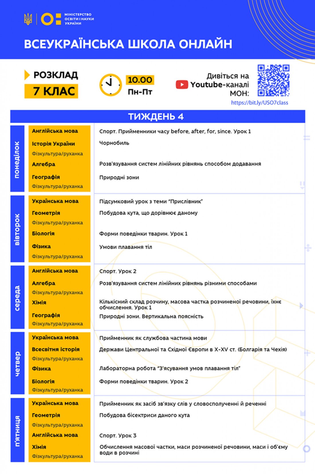Всеукраинская школа онлайн: Расписание для 7 класса