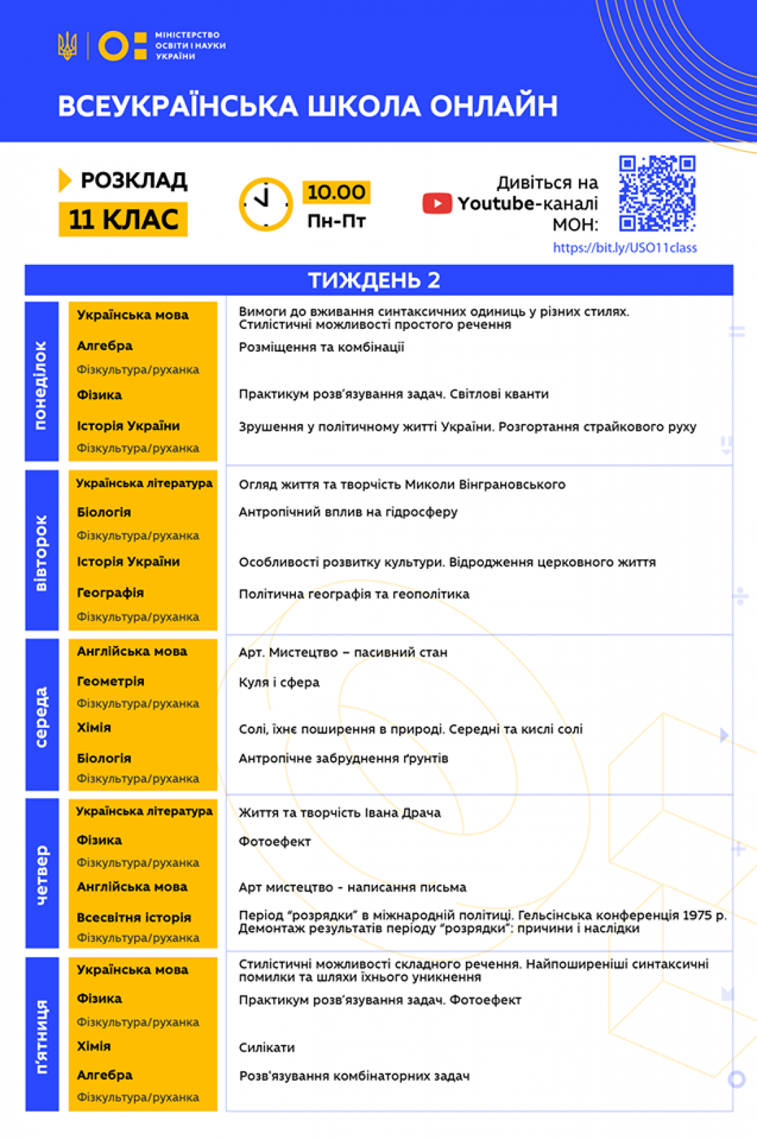 Всеукраинская школа онлайн: Расписание для 11 класса