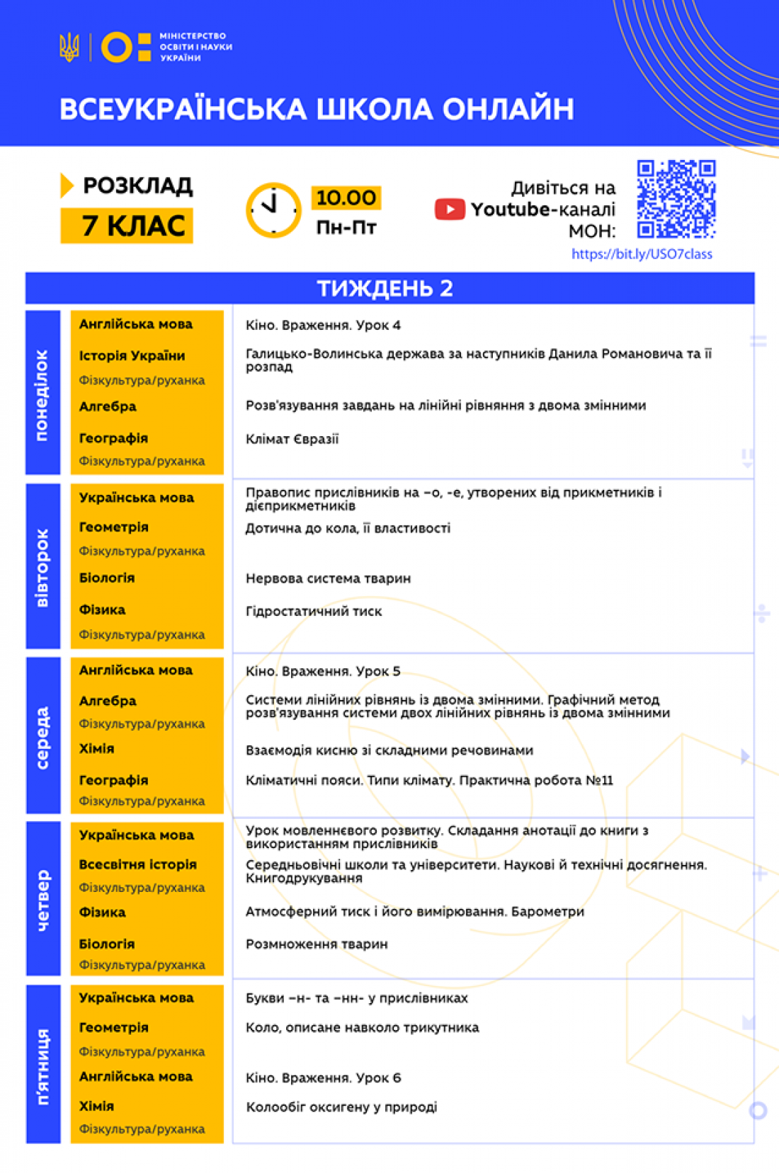Всеукраинская школа онлайн: Расписание для 7 класса