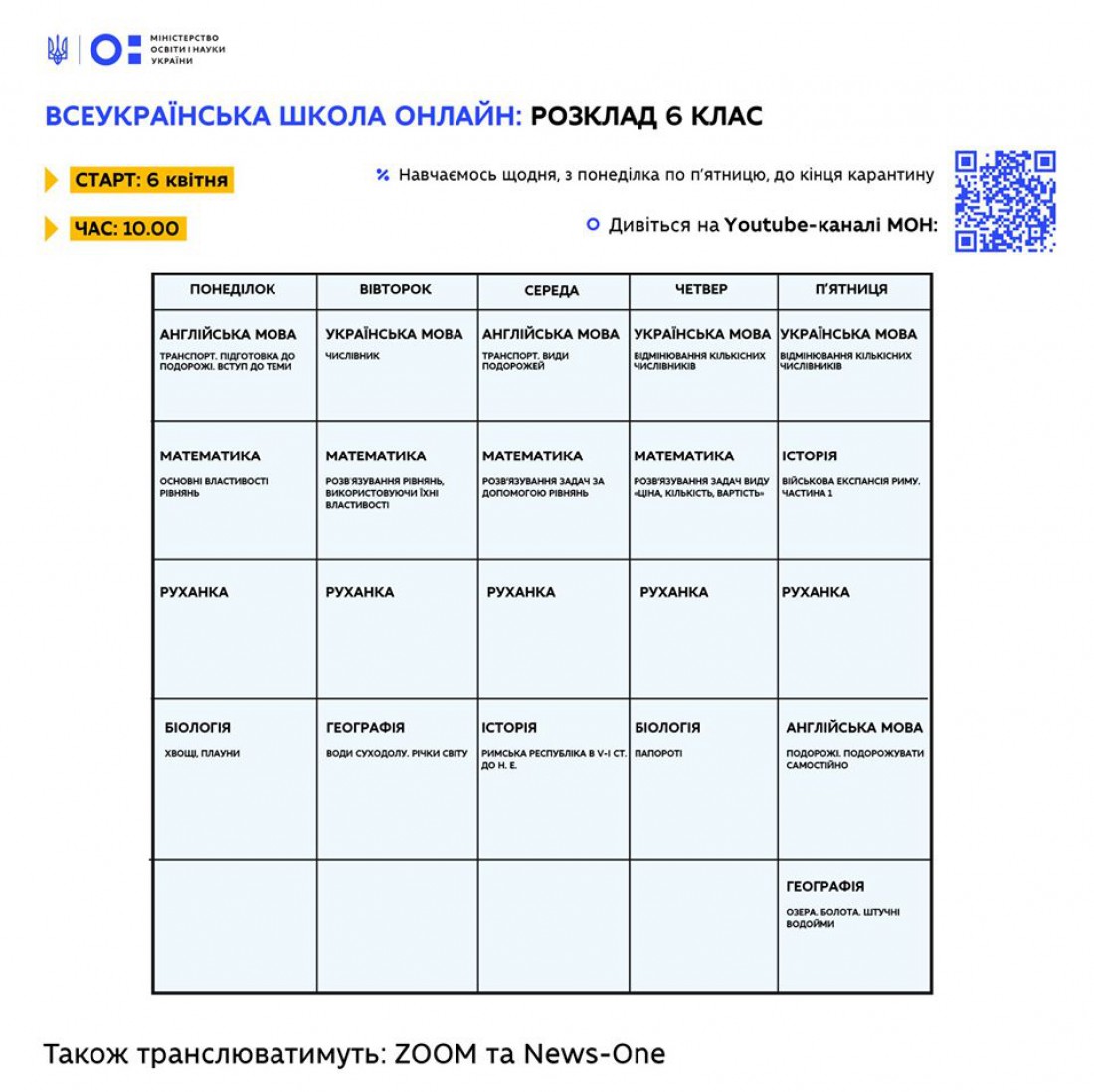Всеукраинская школа онлайн: Расписание для 6 класса