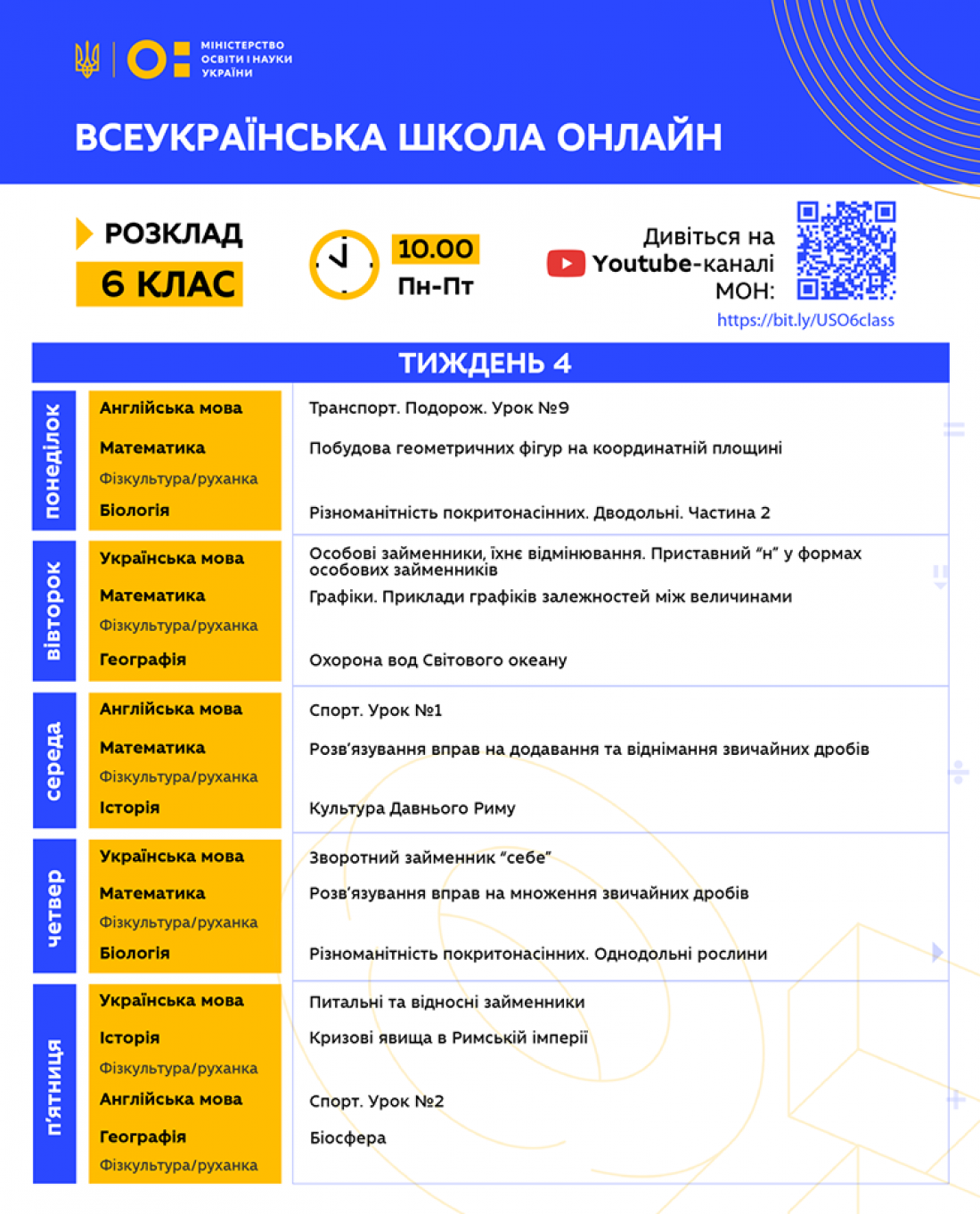 Всеукраинская школа онлайн: Расписание для 6 класса