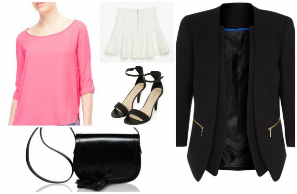 Топ Stradivarius, 199 грн; юбка Zara, 499 грн; пиджак New Look, 399 грн, босоножки New Look, 299 грн; кожаная сумка Kachorovska, 900 грн