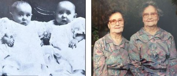 Близнецы в возрасте шести месяцев (Марджори слева) и в возрасте 81 года (Марджори справа)
