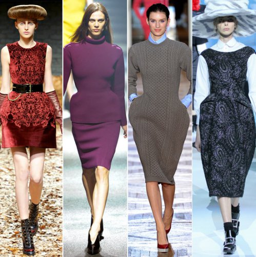 Делать акцент на бедрах предложили дизайнеры McQ, Lanvin, Stella McCartney, Marc Jacobs (слева направо)
