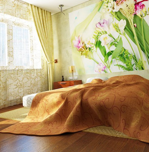 Милый и уютный дизайн светлой маленькой спальни дополняется декоративными элементами: картиной с цветами и темным узорчатым покрывалом.алом.