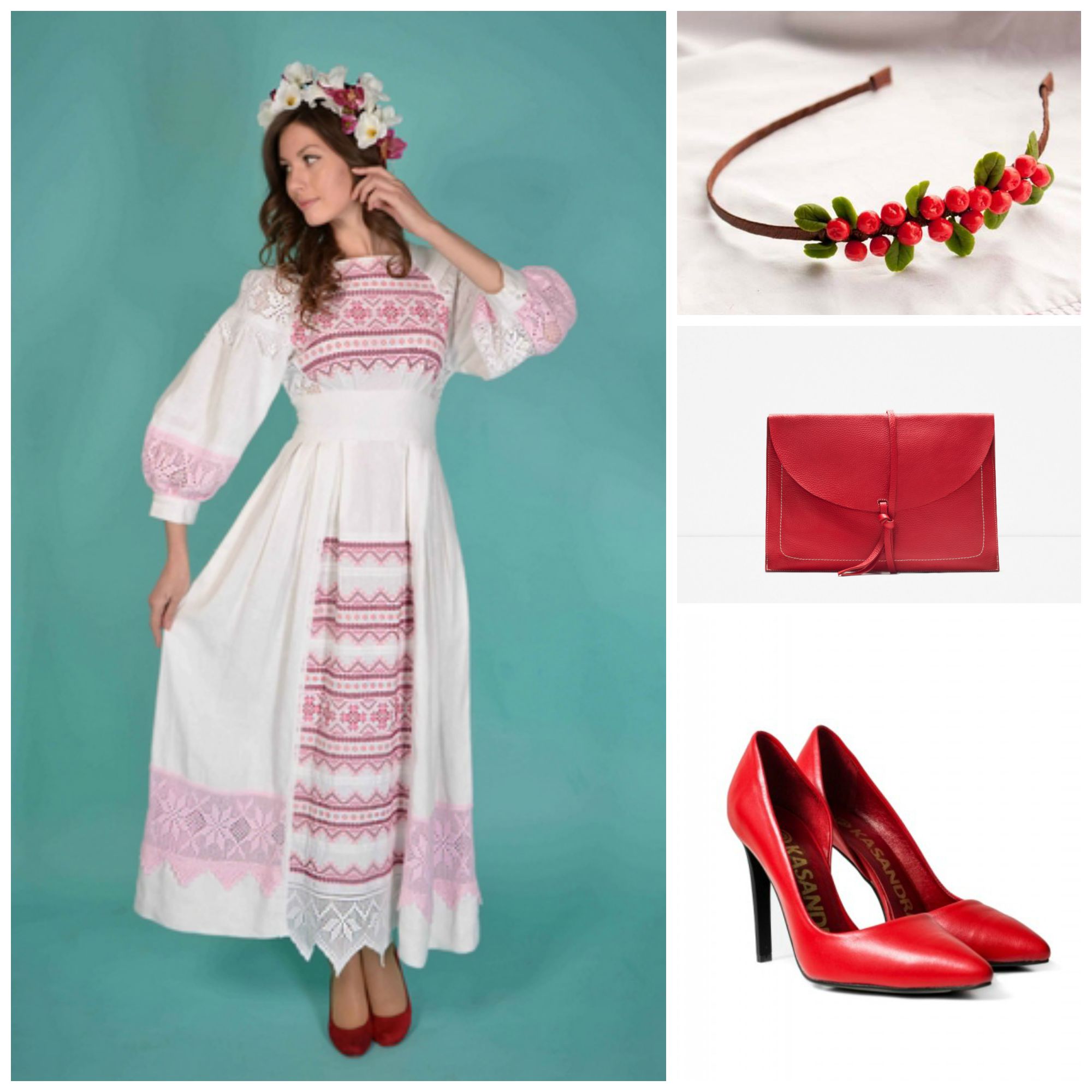 Платье с вышивкой ТМ Синій Льон (цены уточняй), венок Metamorphose (₴240), клатч Zara (1399 грн.), туфли Kasandra (1600 грн.)
