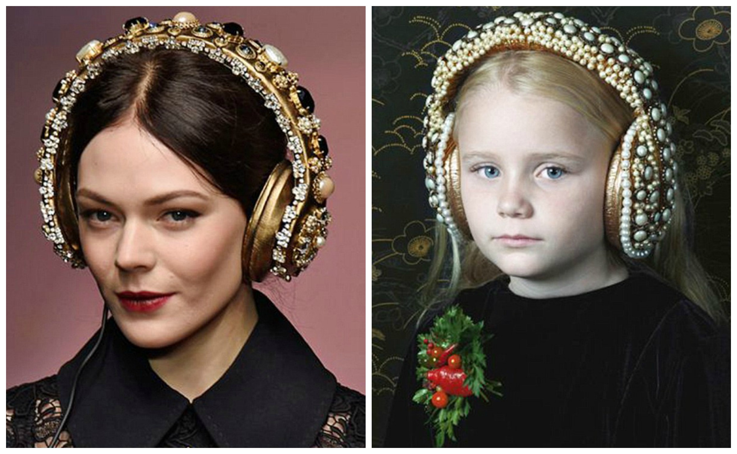 Наушники на показе Dolce&Gabbana (слева) и в рекламной кампании колумбийского дизайнера