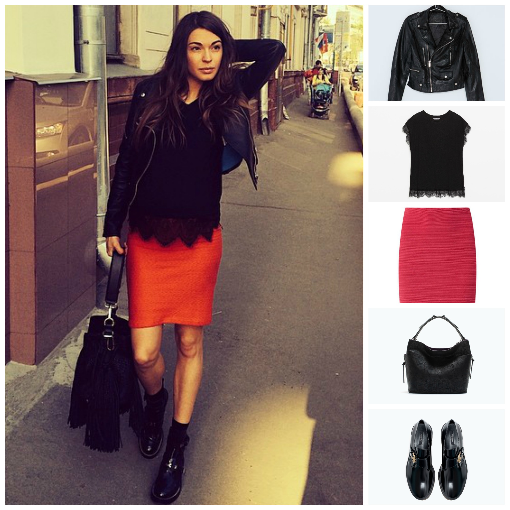 Футболка Zara (199 грн.), куртка Bershka (799 грн.), юбка New Look (349 грн.), ботинки Zara (1199 грн.), сумка Zara (999 грн.)