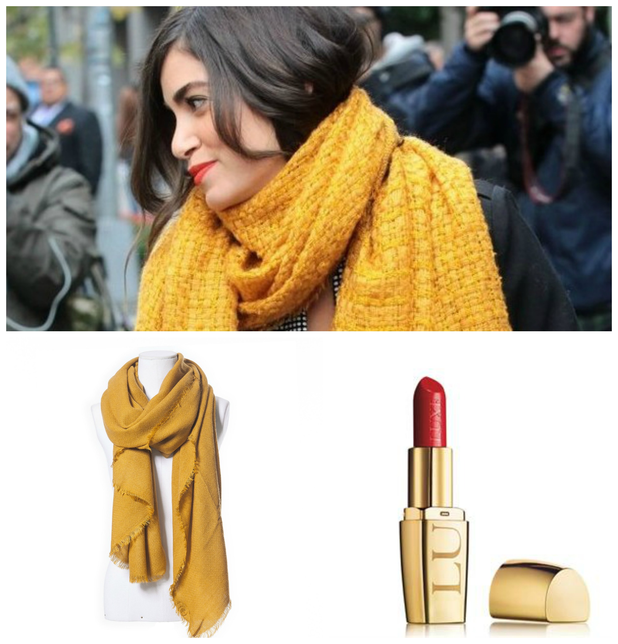 Шарф Zara, 259 грн (снизу слева); увлажняющая губная помада Luxe от Avon, 57 грн