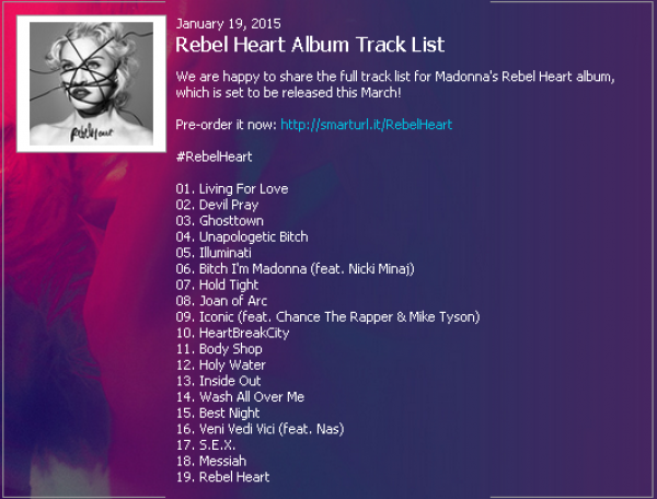 Трек-лист нового альбома Rebel Heart