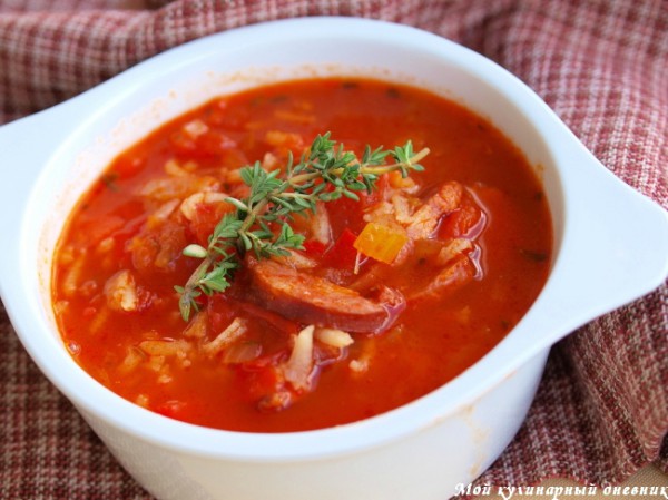 Рецепт 
                Томатный суп с рисом и домашней колбасой
            